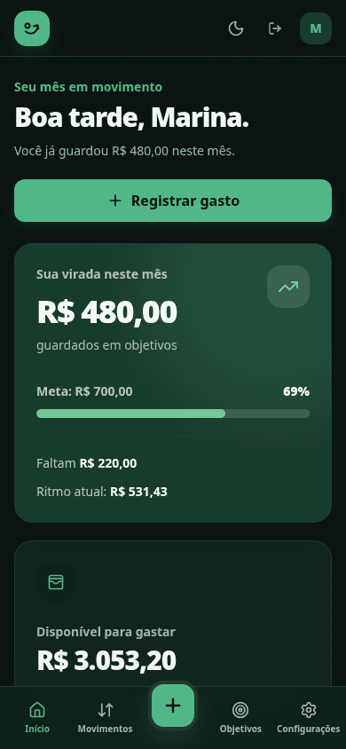 Dashboard mobile da Virada Financeira em tema escuro com dados demonstrativos