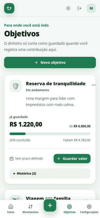 Tela mobile de objetivos financeiros e progresso