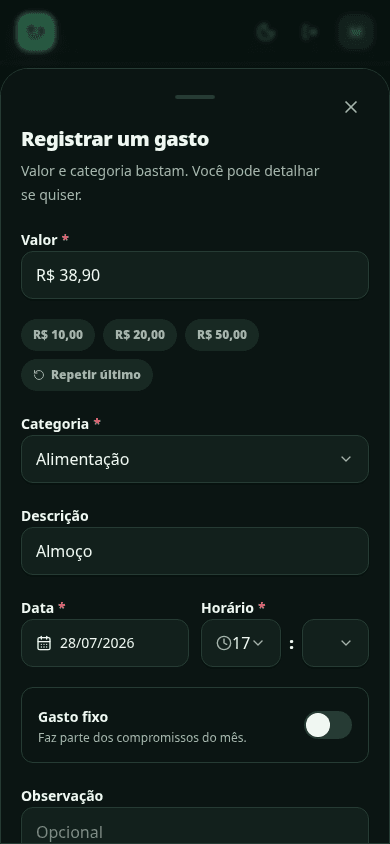 Modal de registro rápido de gasto preenchido com dados demonstrativos