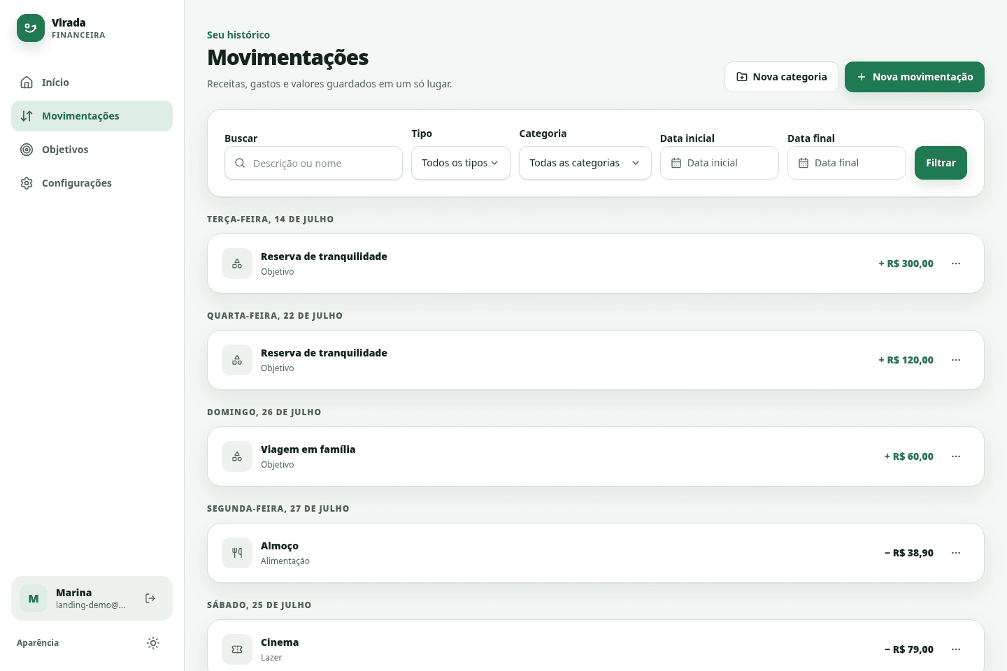 Histórico de movimentações com filtros e dados demonstrativos
